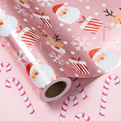 LeZakaa Christmas Pink Wrapping Paper Mini Roll, Santa Claus & Candy Cane, Metallic Foil, Rose Gold Foil Reversible Design for Festive Winter Holiday, Family Gathering, 17 inches x 32.8 Feet