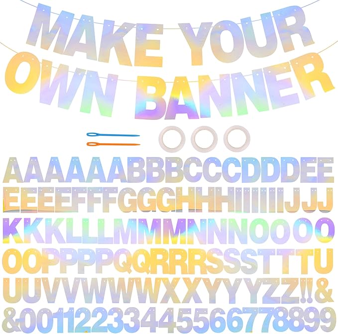 BEISHIDA 116 PCS A-Z Glitter Laser Silver DIY Letter Banner Kit Make Your Own Banner，Including 111 Letters and Numbers 3 Rope and 2 Threading Device,Customized for Birthday Graduation Wedding Party Decor