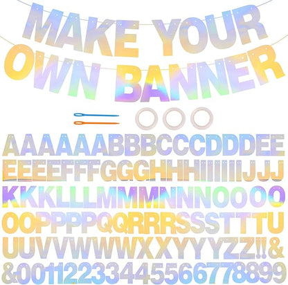 BEISHIDA 116 PCS A-Z Glitter Laser Silver DIY Letter Banner Kit Make Your Own Banner，Including 111 Letters and Numbers 3 Rope and 2 Threading Device,Customized for Birthday Graduation Wedding Party Decor