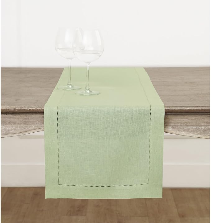 Solino Home Linen Sage Green Table Runner 132 Inches Long - 100% Pure Linen Extra Long Table Runner 14 x 132 Inch for Fall, Autumn, Thanksgiving, Christmas - Classic Hemstitch