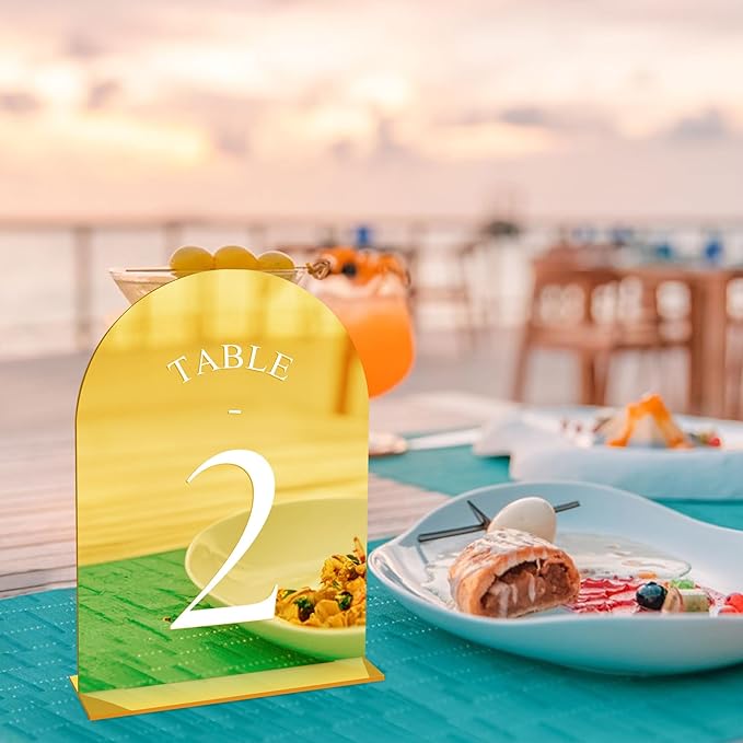 JOYIT Arch Wedding Table Numbers 1-50 with Stands – 5" X 7" Acrylic Mirrored Gold Table Number Holders, Perfect for Wedding Receptions, Parties, Anniversaries, and Events