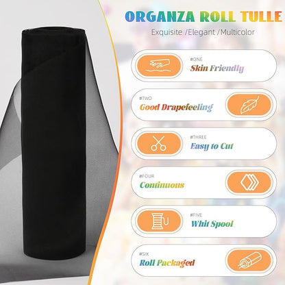 Crystal Organza Fabric Tulle 11 Inch by 50 Yards Sheer Tulle Rolls for DIY Craft Wedding Party Baby Shower Decor Gift Wrapping Party Supplies (Black)