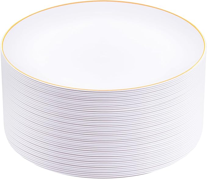 Festiva 50Pcs Gold Plastic Plates - 9 Inch White Plastic Plates with Gold Rim - Disposable Dinner Plates - include 50 salad&pasta Plate Perfect for Party&Wedding&Thanksgiving &Christmas