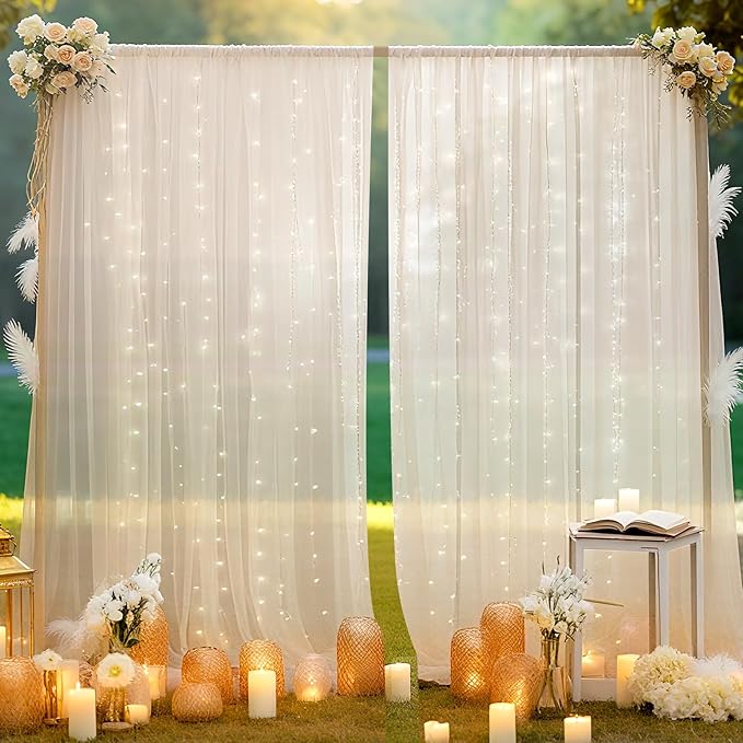 Ledido 10×8ft Tulle Backdrop Curtains with Lights String - 300LED Fairy Lights Sheer Curtain Backdrop for Weddings Baby Shower and Birthday Party Decorations(6 Panels 5×8ft)