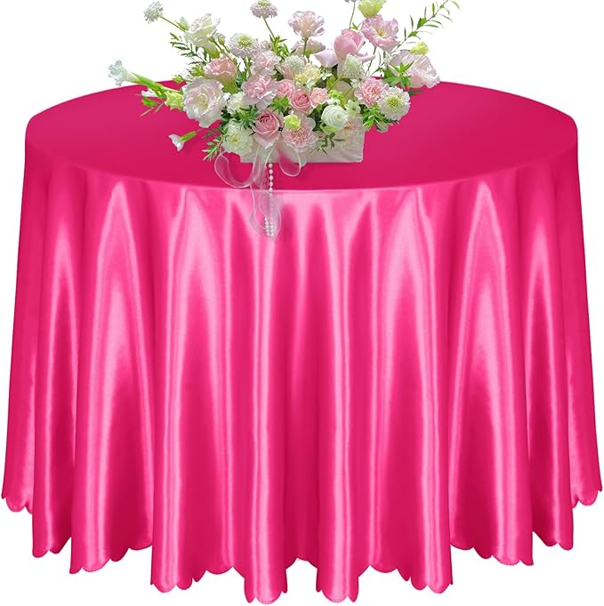 KKJIAF 1 Pack 108 Inch Round Table Cloth, Hot Pink Overlay Round Satin Table Cover, Silky Satin Dining Tablecloths for Wedding Buffet Parties Banquet Decoration