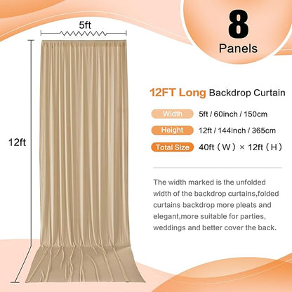 40×12 ft Wrinkle Free Beige Backdrop Curtain for Weddings Parties, 8 Panels 12ft Silky Polyester Wedding Drapes Backdrop Photo Back Drop Cloth for Birthday Baby Shower Photography Backgrounds