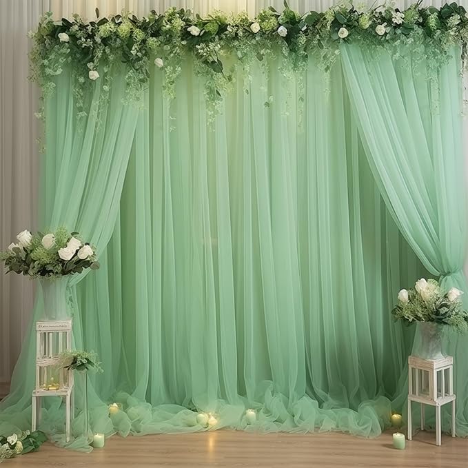 20x10 Green Tulle Backdrop Curtains for Parties, Sheer Backdrop Curtain Wedding Photo Background Drapes for Baby Shower Photography Birthday Party