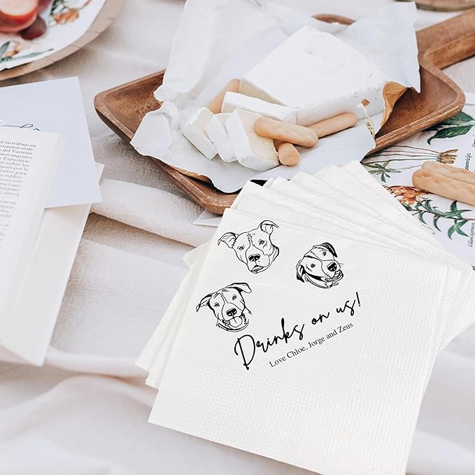 Luxury Customized Illustrated Dog Wedding Napkins, Personalized Photo Napkins for Dog, Custom Wedding Cocktail, Bridal Shower, Engagement Party
