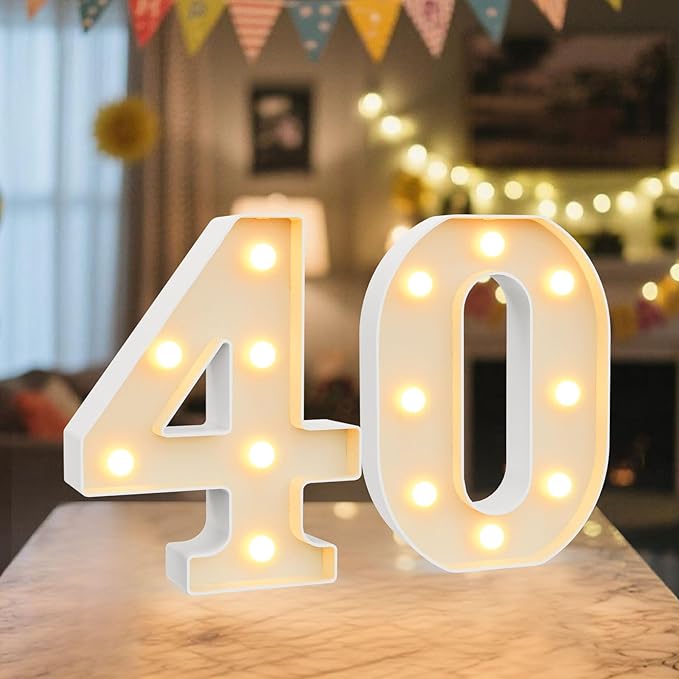 LED Marquee Light Up Numbers Sign - Lighted Birthday Numbers Sign for 40th Birthday Party Decoration, Bar Wall, Home, Table Room, Wedding and Christmas Decorations, Number 40