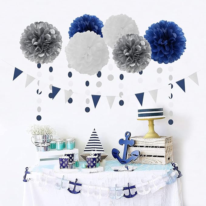 Navy Blue White Silver Party Decorations,23pcs Kit Graduation 2025 Tissue Paper Pom Poms Streamers,Tassel Garland Banner Flowers,Men Birthday Bachelorette Baby Shower Christmas Decor Lasting Surprise