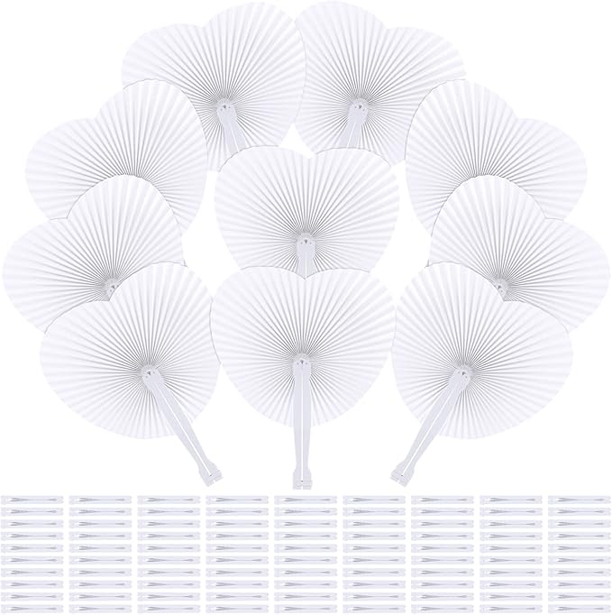 Aodaer 100 Pack Heart Shaped Folding Fans White Paper Fans Handheld Fans with Plastic Handles for Party, Wedding, Anniversary Decoration