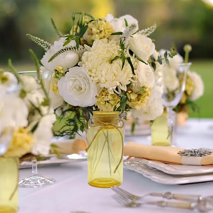 Vintage Glass Flower Vase，6 Pack Gold Amber Farmhouse Glass Centerpiece Vases Mason Jars for Weddings, Parties & Home Decor Bulk (6, Gold)