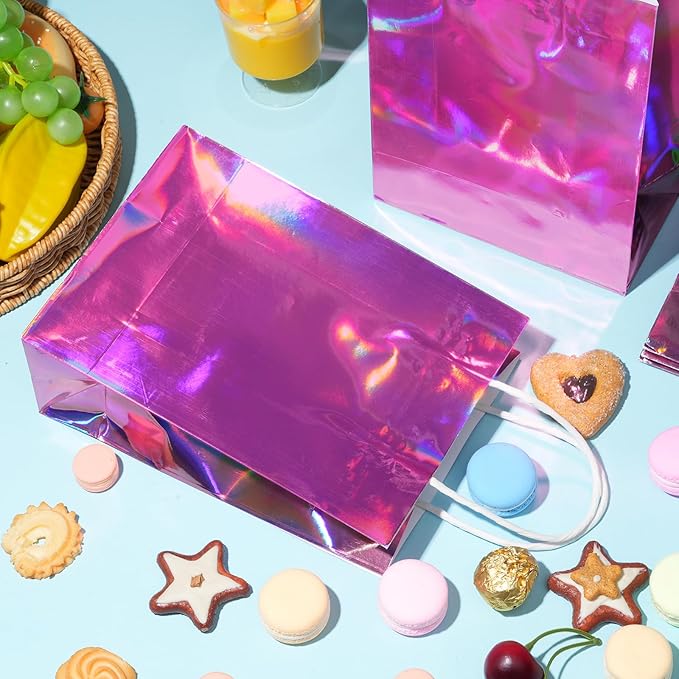 24 Pcs Iridescent Pink Gift Bags Decorations, Holographic Foil Party Favor Bags with Handles, Pink Paper Candy Goodie Bag with 24 Tissue Paper for Graduation Birthday Baby Shower Party Supplies