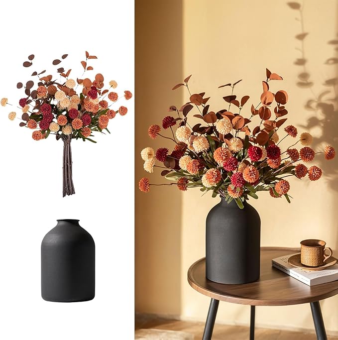 BLOSMON Fall Flowers in Vase for Centerpieces: Metal Vase with 12 Stems of Fake Mums Kiku Flowers Eucalyptuses Home Thanksgiving Table Decoration - Burnt Orange Artificial Pom Poms Floral Arrangement