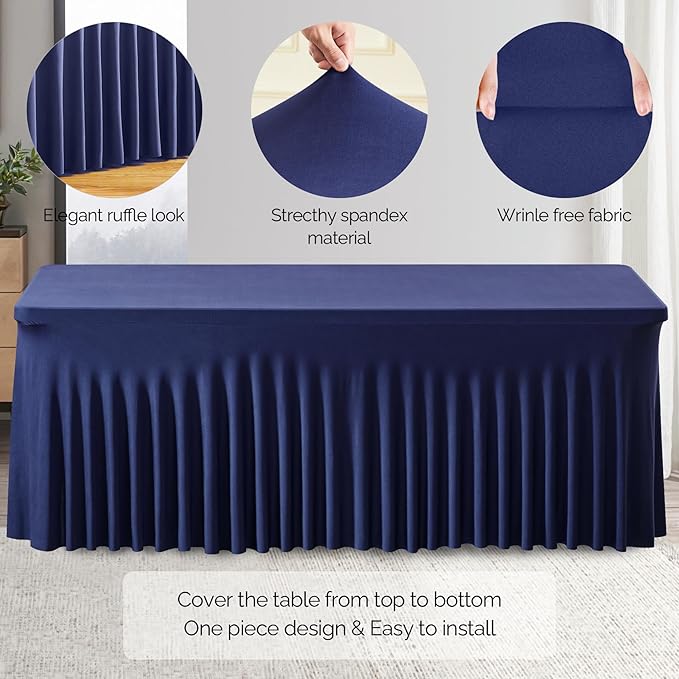 6 Pack Navy Blue Stretch Spandex Table Clothes for 6 Foot Rectangle Tables, 6FT Wrinkle Free Fitted Tablecloths Ruffles Design Table Cover for Party, Banquet, Wedding and Events