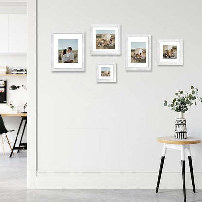 10x10 Picture Frame Set of 4 with Real Glass, Distressed White Frame Display 8x8 Pictures with Mat or 10 x 10 Without Mat, Wood Square Photo Frame for Wall Mount and Tabletop Display