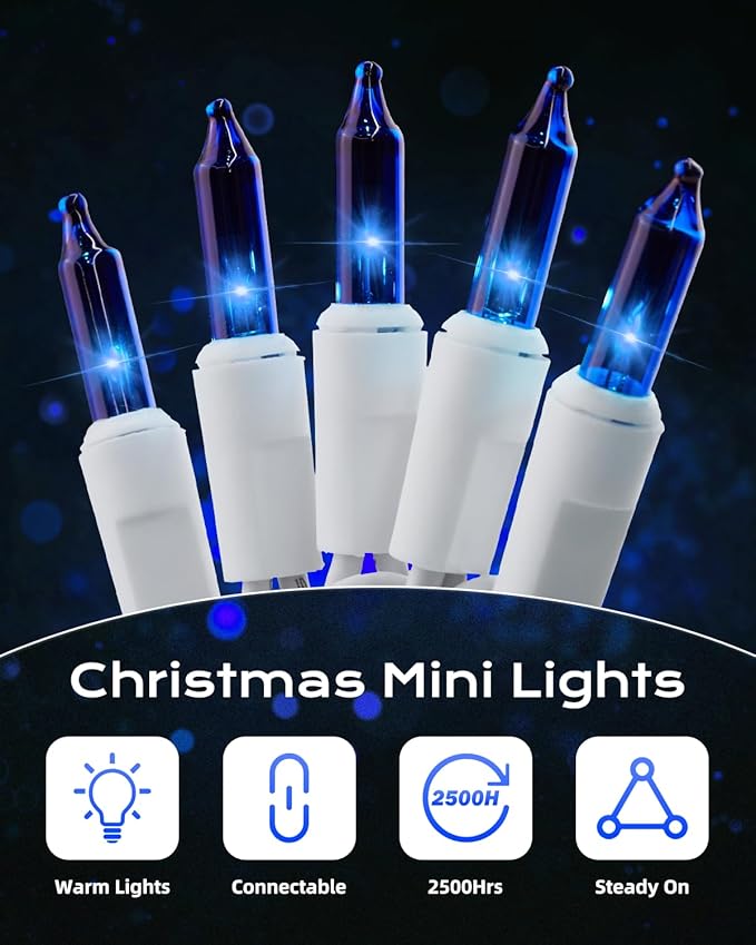 Brightown Blue Christmas Mini String Lights, 100-Count 26.5ft Incandescent Bulb Halloween Fairy Lights for Indoor Holiday Decor, Christmas Tree Garland Wedding Party Multi-Use Decoration, White Wire