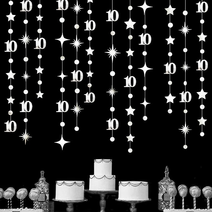 Silver 10th Birthday Decorations Number 10 Circle Dot Twinkle Star Garland Metallic Hanging Streamer Banner Backdrop for Girls Boys Double Digits Ten Year Old Birthday 10th Anniversary Party Supplies