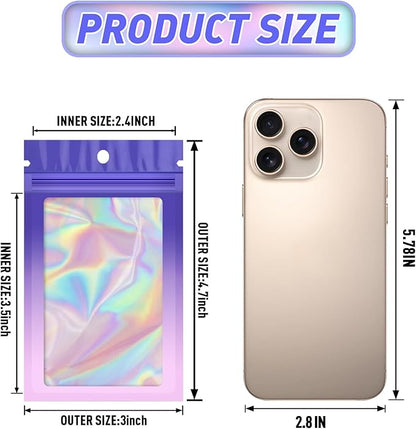 Funfery 100 Pack Gradient Holographic Bags,Resealable Bags with Zipper,Clear Window Packaging Pouch,Foil Bag for Food Storage,Sample Jewelry Baggies(3×4.7In,Purple Pink)