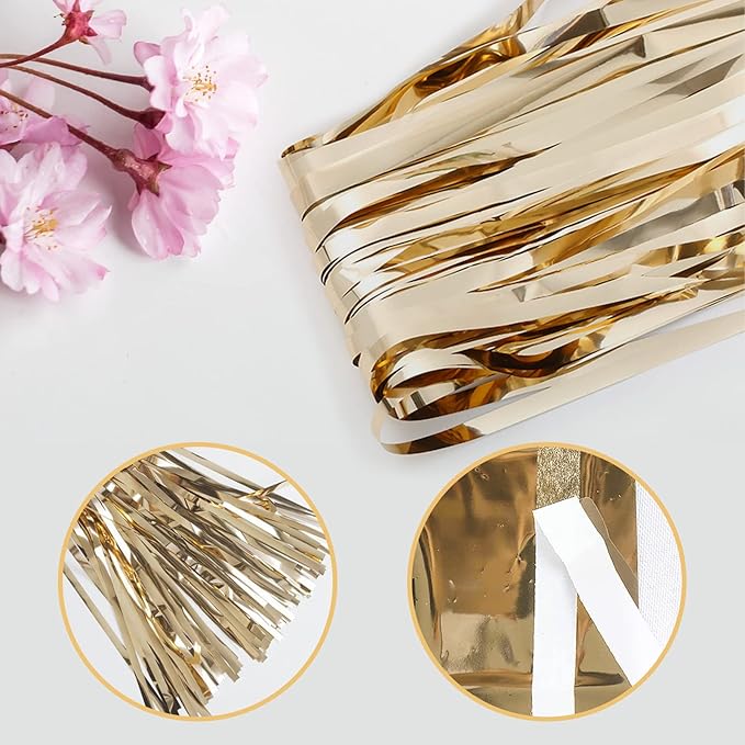 10 Pack Champagne Gold Backdrop Curtain 3.2ft x 8.2ft Metallic Tinsel Foil Fringe Curtains Photo Booth Background for Birthday Party Decoration Engagement Wedding Christmas Decor (Champagne Gold)