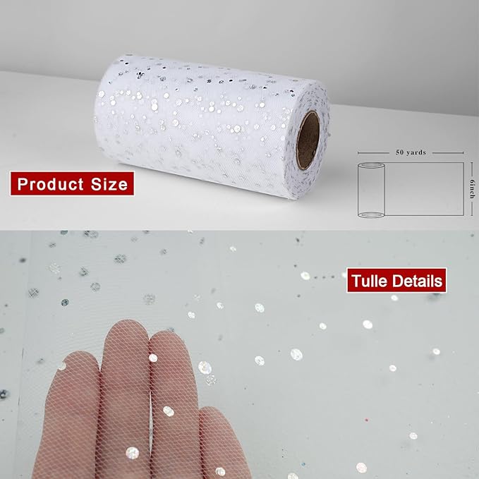 Glitter Tulle Rolls, 6” by 50 Yards (150FT) Sequin Tule Netting Fabric Tulle for Tutu Skirts Sewing Birthday Wedding Party Decoration (White)