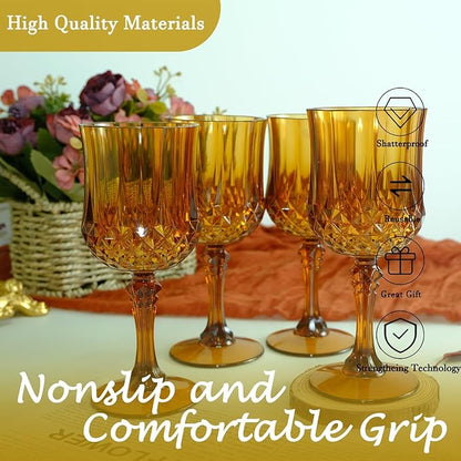 Plastic Wine Glasses，100PCS Amber Plastic Goblets Vintage Style Cordial Drinking Glasses for Wedding Reception, Grand Event Party Supplies (100, Amber)