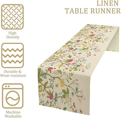 Floral Table Runner, Vintage Birds Wildflowers Herbs Nature Theme Linen Long Table Kitchen Dining Table Holiday Party Decorative Table Runner,13in（33cm） W * 108in（274cm） L