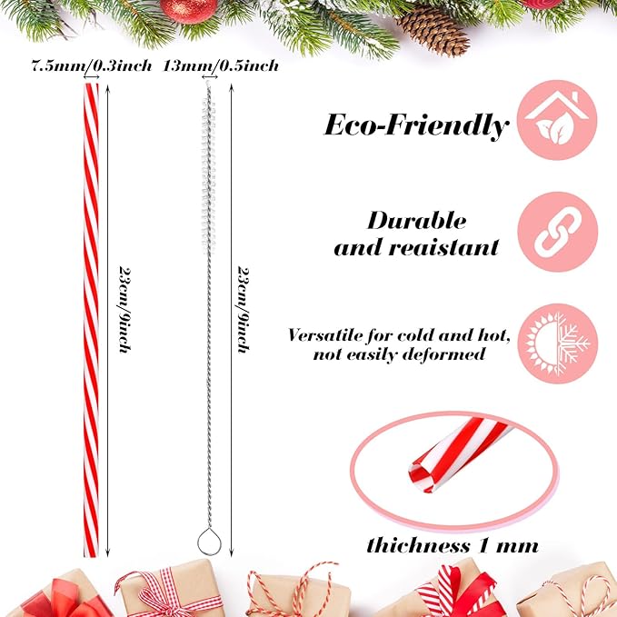 Vesici 9 Inch Plastic Striped Straws Reusable with Cleaning Brush Red Striped Hard Drinking Straws for Christmas Party Decoration Supplies(Red and White,102 Pcs)