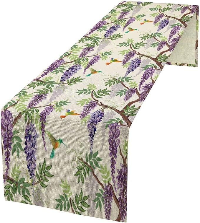 Vintage Bird Flower Table Runner Seasonal Spring Purple Wisteria Garden Plants Lavender Florals Farmhouse Country Kitchen Dinner Runner Dining Table Decoration for Home Party Holiday 13"x60"
