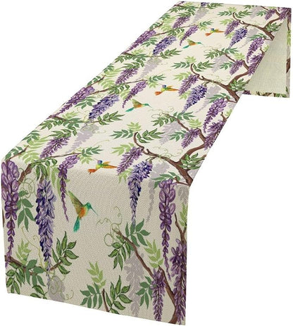 Vintage Bird Flower Table Runner Seasonal Spring Purple Wisteria Garden Plants Lavender Florals Farmhouse Country Kitchen Dinner Runner Dining Table Decoration for Home Party Holiday 13"x60"