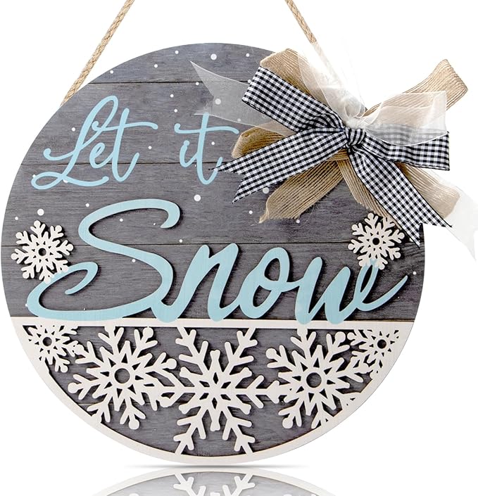 CHDITB Let It Snow Winter Decoration Sign(11.4”x11.4”), 3D Snowflake Xmas Winter Front Door Sign with Bow, Christmas New Year Housewarming Gift for Front Door Porch Farmhouse Indoor