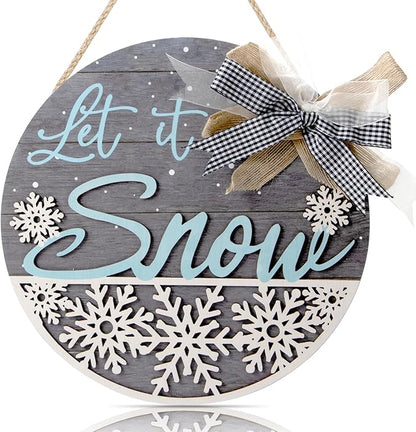 CHDITB Let It Snow Winter Decoration Sign(11.4”x11.4”), 3D Snowflake Xmas Winter Front Door Sign with Bow, Christmas New Year Housewarming Gift for Front Door Porch Farmhouse Indoor