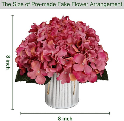 Flower Table Centerpieces - Set of 6 Floral Arrangement Artificial Wedding Hydrangeas Floral Arrangement with Rustic Metal Vase for Bridal Tea Party Event Decorations - Dusty Pink