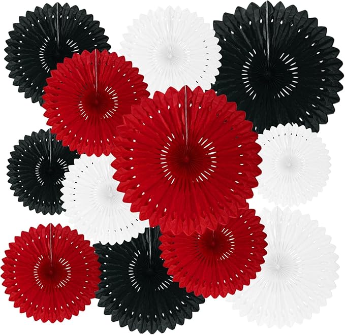 18 Pcs Red White Black Hanging Paper Fan, Hanging Honeycomb Round Paper Fans for Weddings, Birhdays, Christmas, Baby Showers, Classroom, Bachelor Ceiling Party Supplies