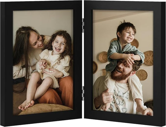 decorUhome Double 5x7 Picture Frame Vertical, Engineered Wood Bifold Photo Frame with Plexiglass for Tabletop Display, 5x7, Black