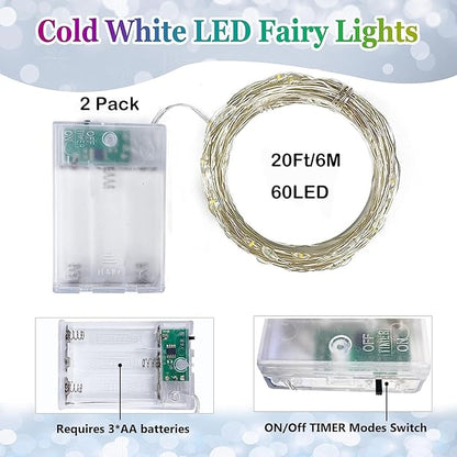 2 Pack 20FT 60LED Battery Operated Fairy Lights with Timer, Waterproof Battery String Lights Outdoor Indoor, Battery Twinkle Light for Bedroom Wedding Birthday Party Chirstmas (Cool White)