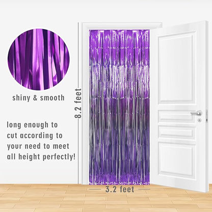 GOER 3.2 ft x 8.2 ft Metallic Tinsel Foil Fringe Curtains Party Photo Backdrop Party Streamers for Halloween Birthday,Graduation,New Year Eve Decorations Wedding Decor (4 Packs,Purple)