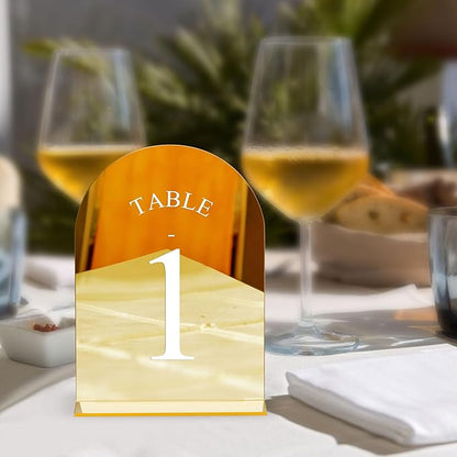 JOYIT Arch Wedding Table Numbers 1-20 with Stands – 5" X 7" Acrylic Mirrored Gold Table Number Holders, Perfect for Wedding Receptions, Parties, Anniversaries, and Events