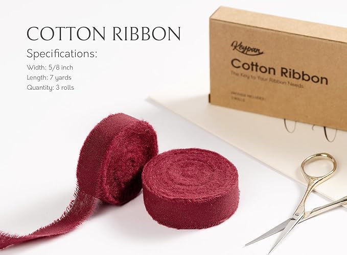 Burgundy Ribbon 5/8" x 21 Yards with Frayed Fringe Fabric Cotton Ribbons for Gift Wrapping Wedding Invitations Flower Bouquet Baby Shower