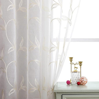 VISIONTEX Sheer Curtains 72 inch Length 2 Panels Set, White Voile Crushed Cream Vine Leaves Embroidery, Rod Pocket Embroidered Window Drapes for Living Room and Bedroom, 54" x 72"