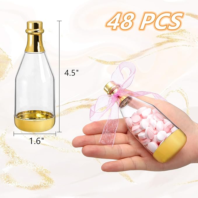 Frcctre 48 Pack Metallic Golden Mini Champagne Bottles, Plastic Champagne Candy Bottles Candy Jar Party Favor Containers for Wedding Birthday Party Bridal Shower Baby Shower