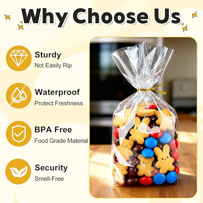 PigPotParty Cellophane Treat Bags 7"x10", 50 Pack Clear Goodie Bags, 3.2" Bottom Gusset for Stand-Up Display, Small Plastic Gift Wrap for Cookies, Candy, Party Favors, Popcorn, Includes 50 Gold Ties