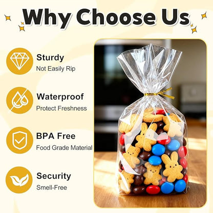 PigPotParty Cellophane Treat Bags 7"x10", 50 Pack Clear Goodie Bags, 3.2" Bottom Gusset for Stand-Up Display, Small Plastic Gift Wrap for Cookies, Candy, Party Favors, Popcorn, Includes 50 Gold Ties