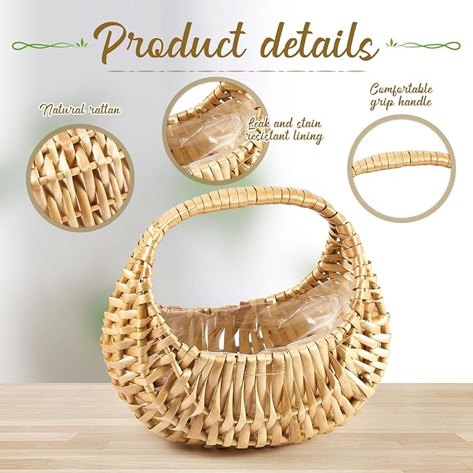 Taiyin 6 Pack Rattan Flower Girl Basket Small Half Moon Straw Wicker Basket with Handle Ideal for Wedding Flower Girl,Picnic,Garden Storage and Home Decor (Nature)