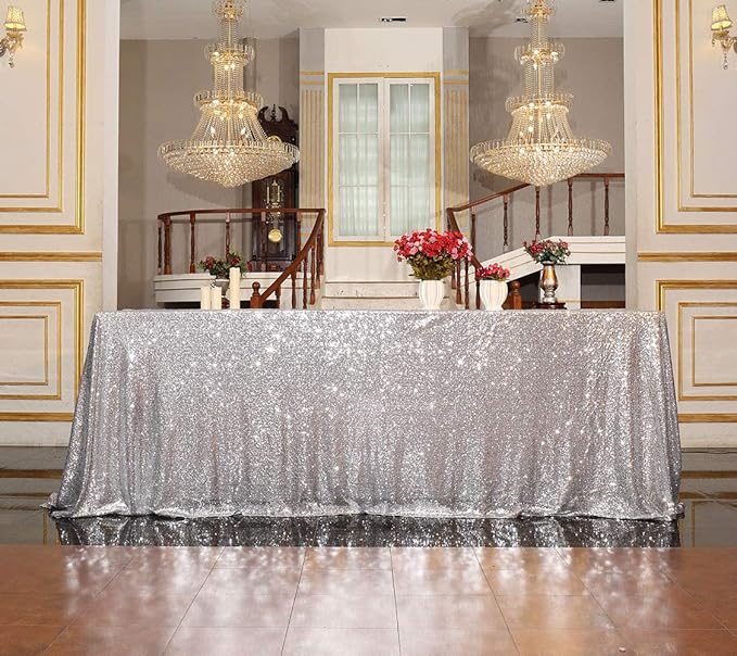SquarePie Sequin Tablecloth 90 x 132 Inch Silver Sparkly Table Linen for Wedding Party