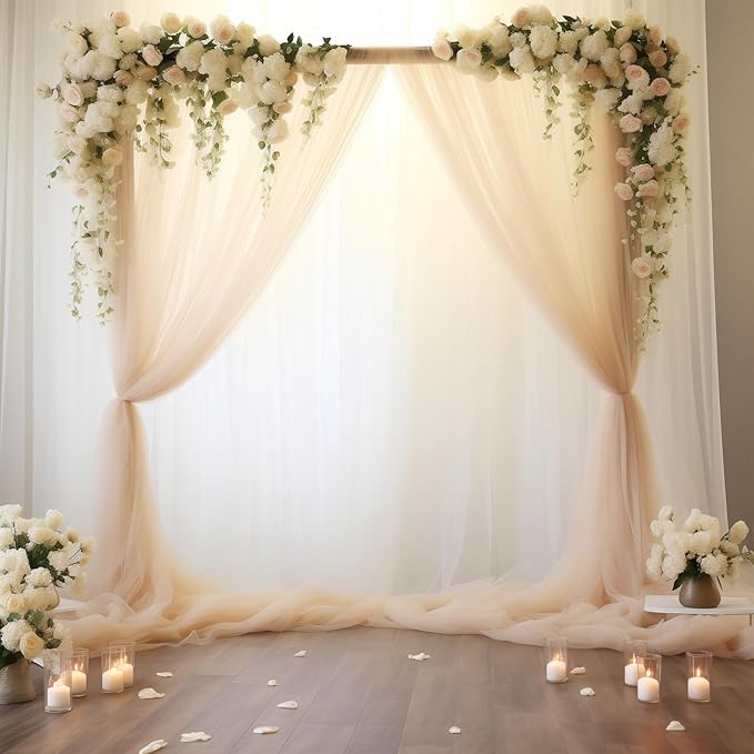 10x10 Champagne Tulle Backdrop Curtains for Parties, Sheer Backdrop Curtain Wedding Photo Background Drapes for Baby Shower Photography Birthday Party