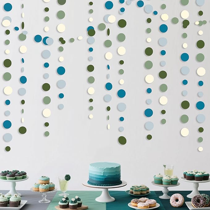 Sage Green and Dusty Blue Party Decorations Polka Dots Garlands Hanging Paper Circle Dots Streamer for Men Boy Birthday Baby Shower Wedding Engagement Retirement Silly Goose Party Decorations Supplies