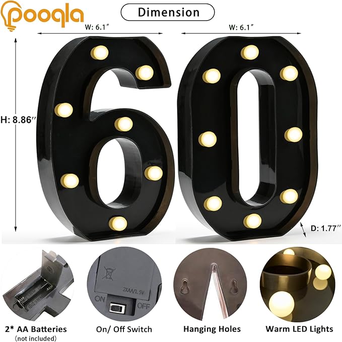 Pooqla Decorative Led Light Up Number Letters, Black Plastic Marquee Number Lights Sign for 60th Birthday Party Wedding Decor Battery Operated Black Decoration 60