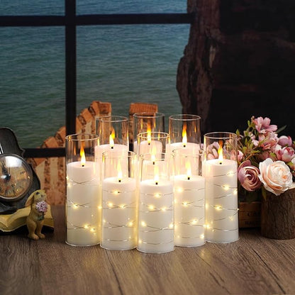 Flameless LED Candles with Timer 9 Pc Flickering Flameless Candles for Romantic Ambiance and Home Decoration Stable Acrylic Shell,with Embedded Star String，Battery Operated Candles（White）