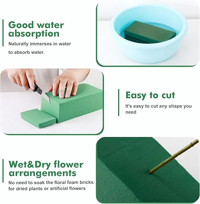 24 Pcs Floral Foam Blocks for Fresh & Artificial Flowers, 5.5" L x 3.1" W x 1.7" H Wet & Dry Green Flower Foam for Indoor Outdoor Floral Arrangements, Foam Bricks for Wedding, Birthdays, Home Décor